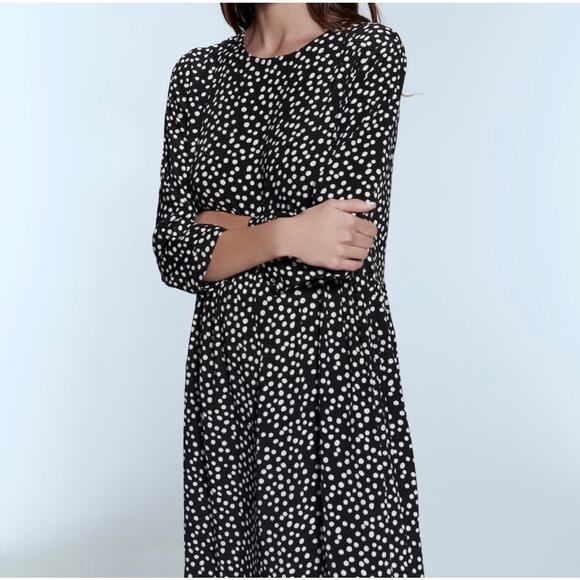 Zara Navy Printed Threw Quarter Sleeve Dress Size L Large - Picture 8 of 8